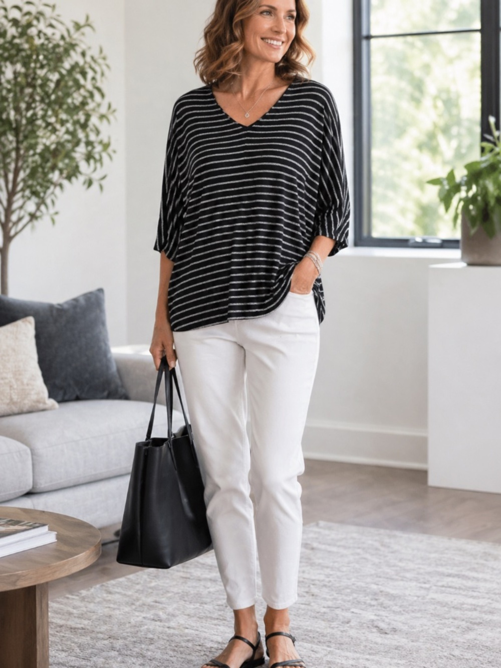 J Jill Wearever Tunic Top L Black Gray Stripe V Neck Dolman Jersey Knit
